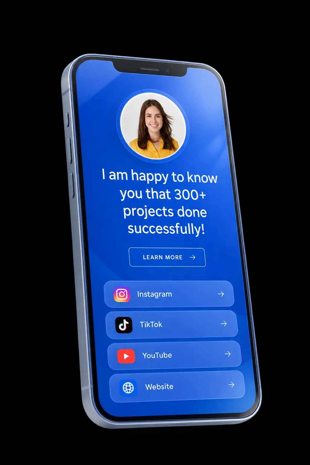 A phone showing a published Uitly bio page with a profile photo, headline and Instagram, TikTok, YouTube and website buttons