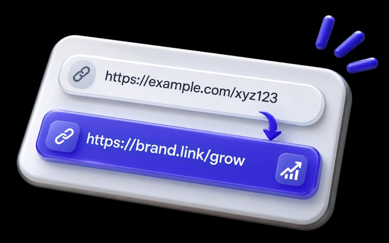 A long example.com URL turning into a short branded link ending in slash grow