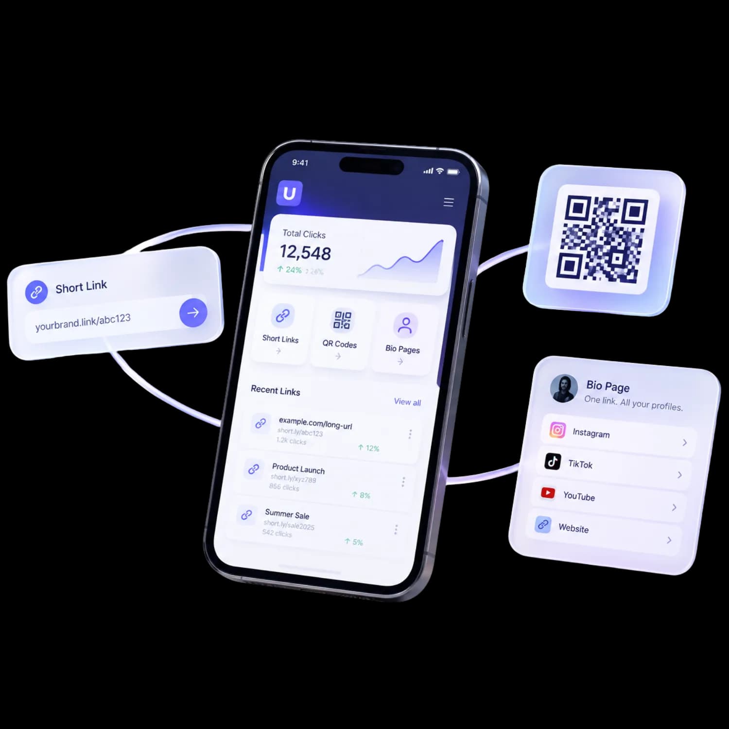 A phone showing the Uitly app surrounded by a short link field, a QR code and a bio page card